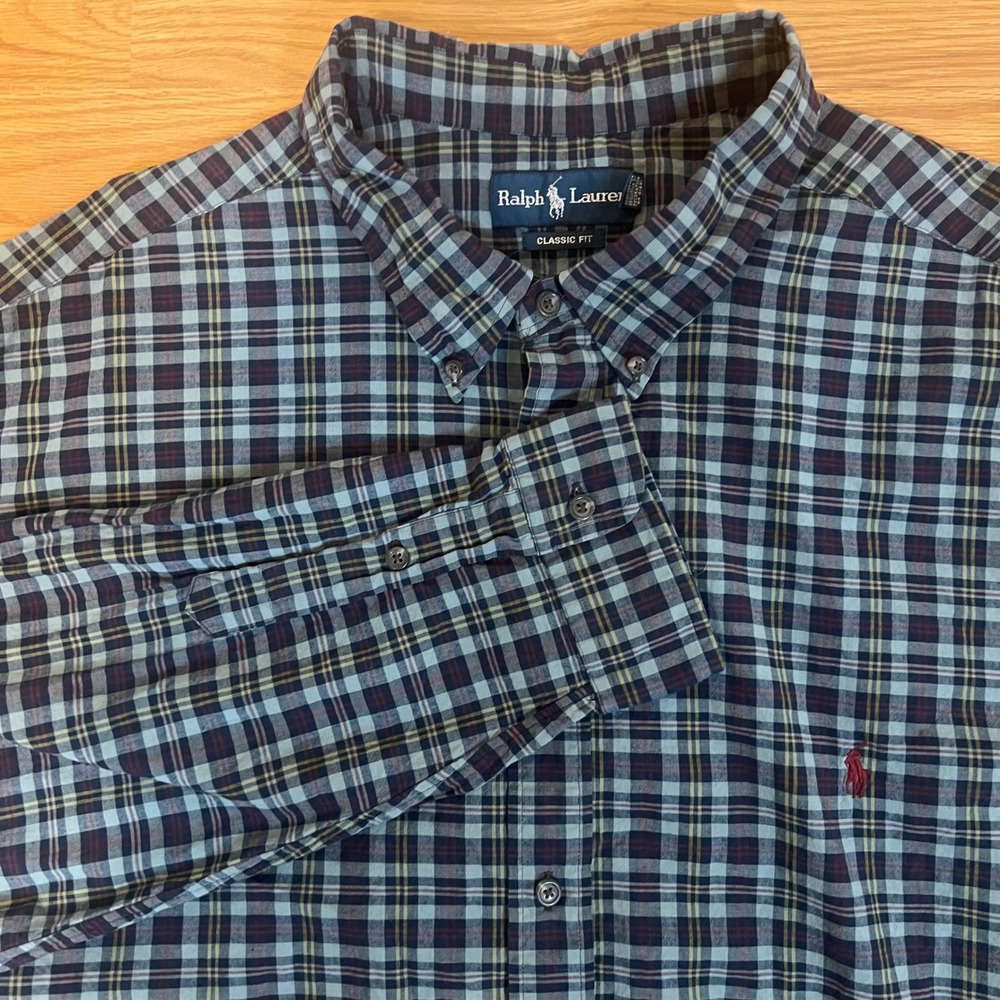Polo Ralph Lauren Mens 4XB Big Classic Fit Plaid Button Down Shirt Blue Burgundy